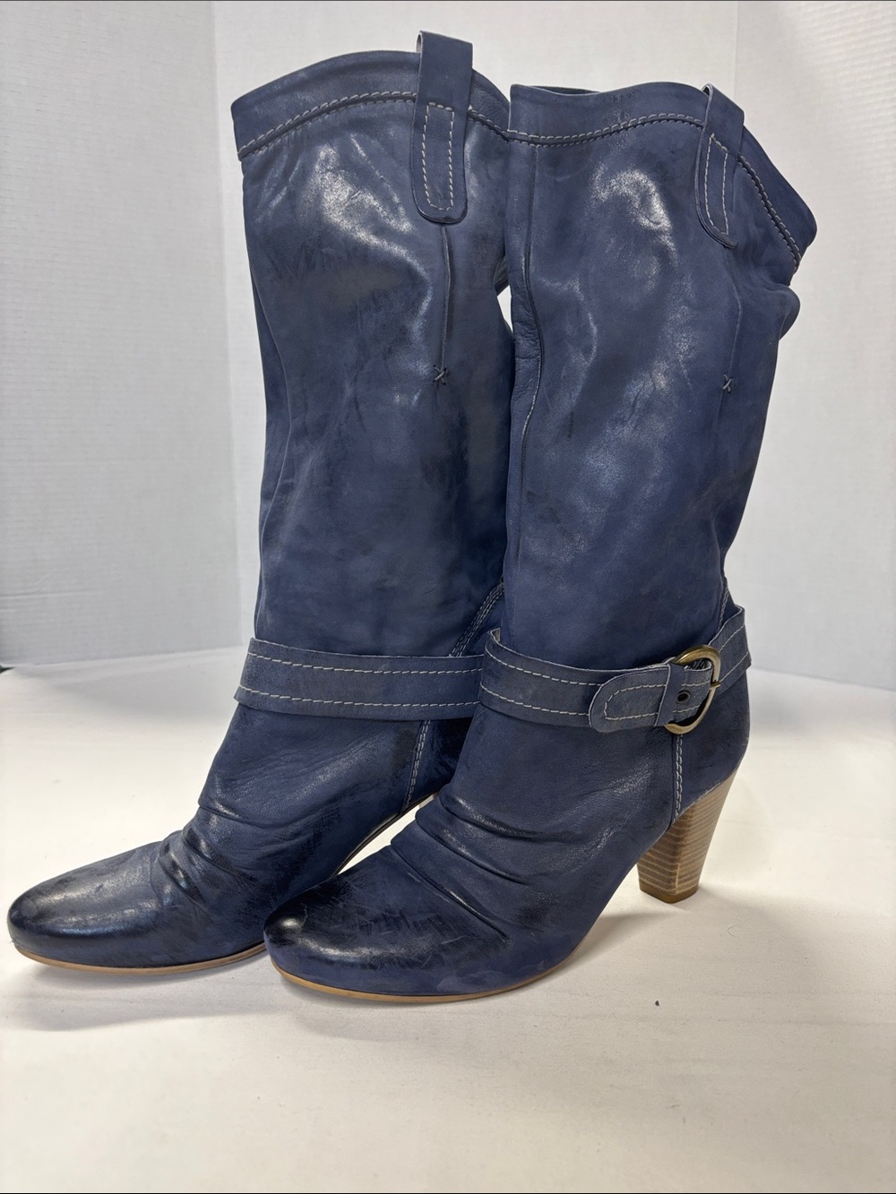 Stunning Women's Navy Mid-Calf Nubuck Leather Heeled Boots